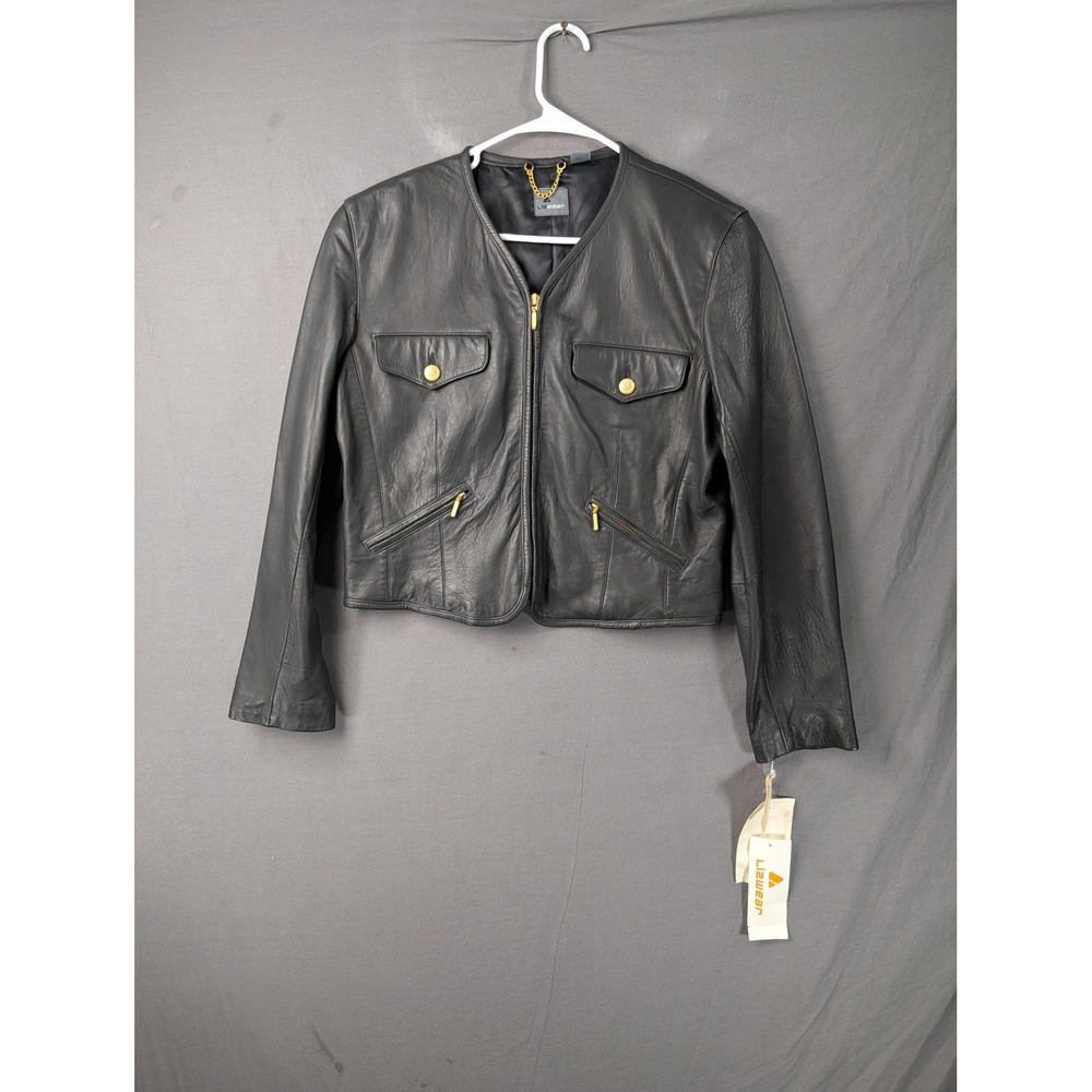 Lizwear Vintage‎ Black Leather Collarless Jacket Gold Zip Medium